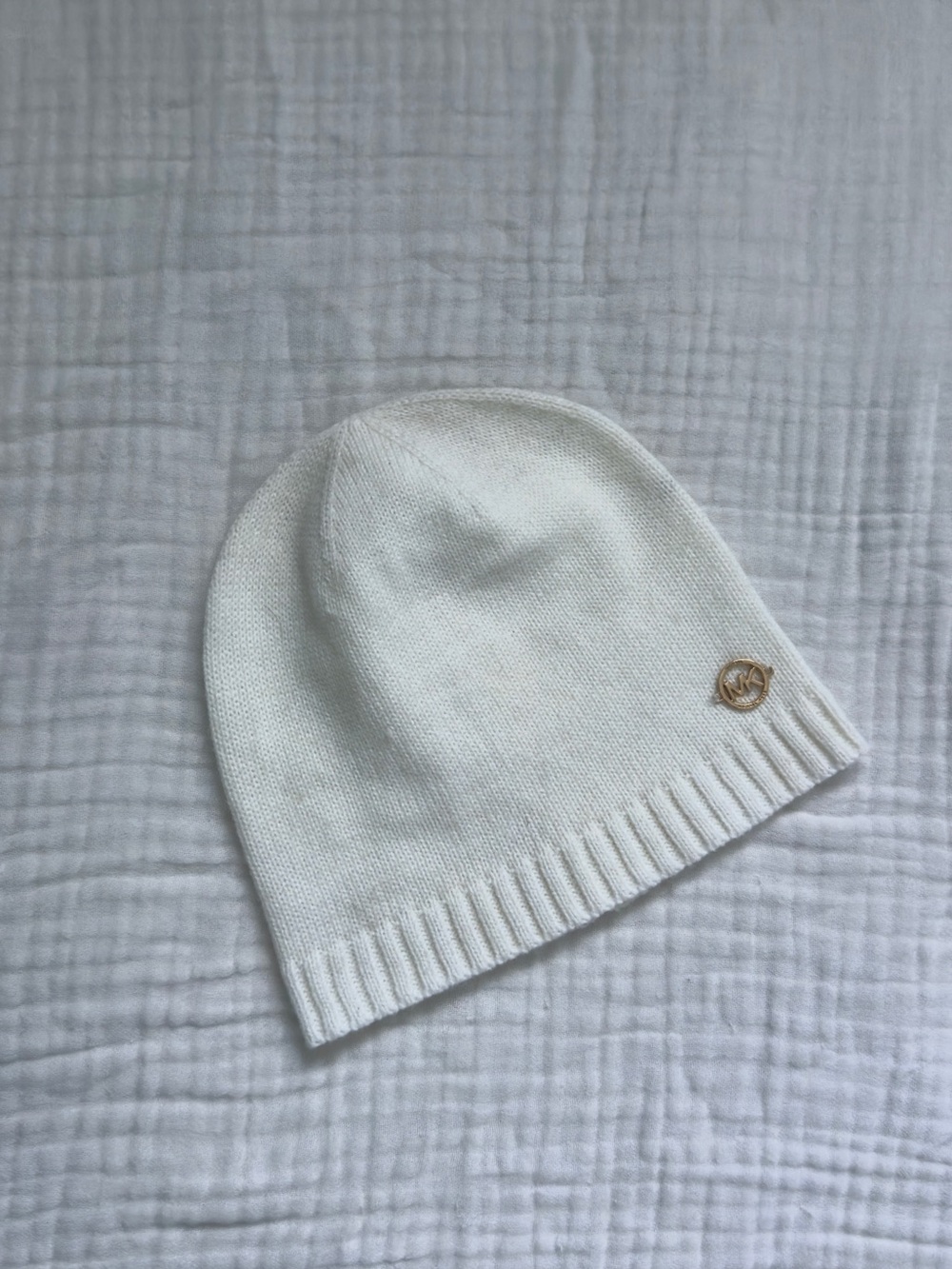 Michael Kors Cream Knit Beanie with Gold MK Emblem